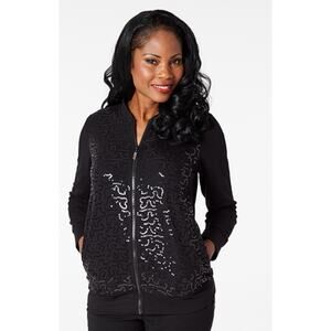 Quacker Factory Bomber Jacket Womens 3x Black Sequin Swirl French Terry Zip New